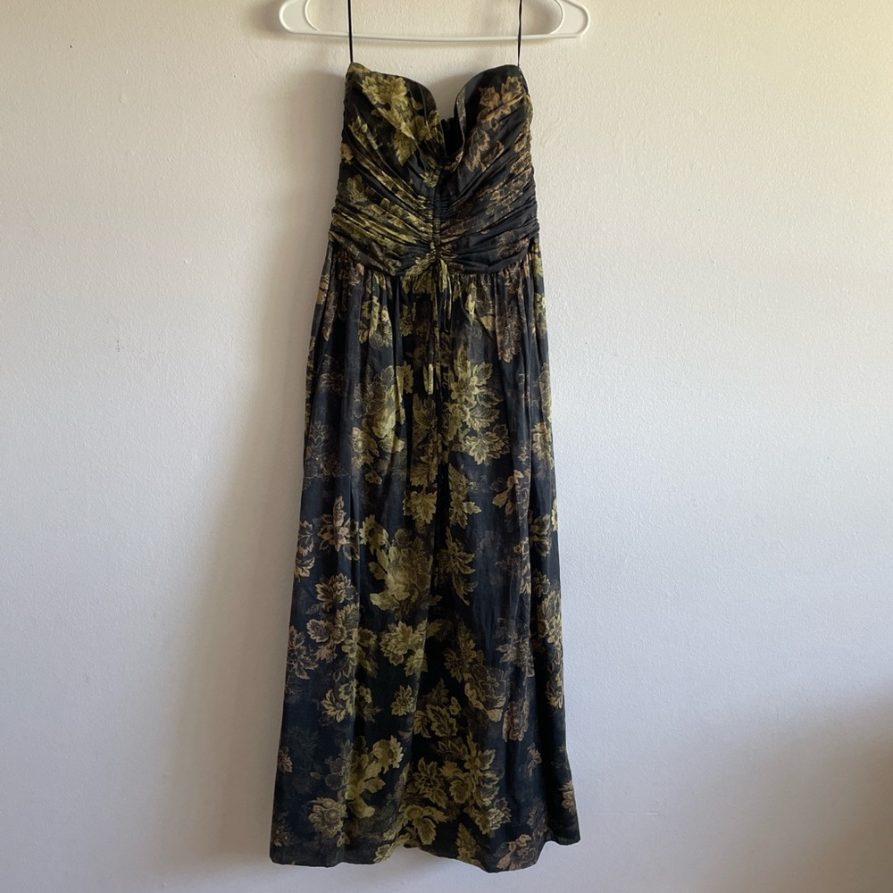 Bec and Bridge Black and Gold Floral Strapless Dress
